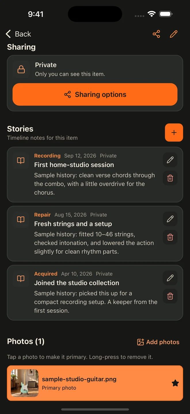 Amp & Axe timeline with recording, repair and acquisition stories