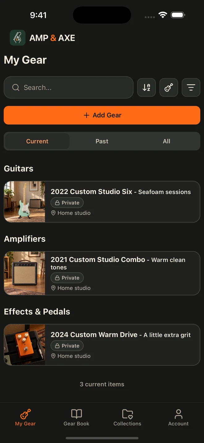 Amp & Axe My Gear screen with a guitar, amplifier and pedal