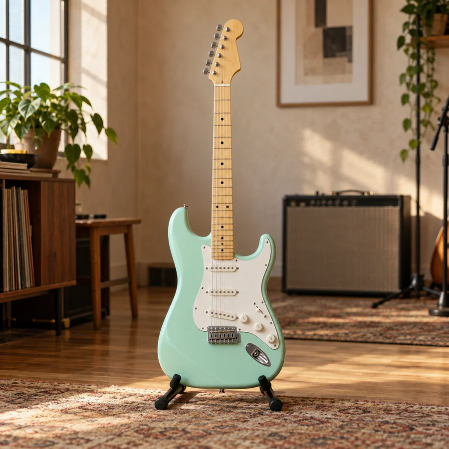 Illustrative seafoam green studio guitar